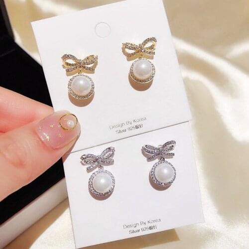 XIYANIKE Elegant Bowknot Design Pearl Rhinestone Stud Earrings Cute Simple Alloy Earrings 2021 Female Fashion Party Jewelry