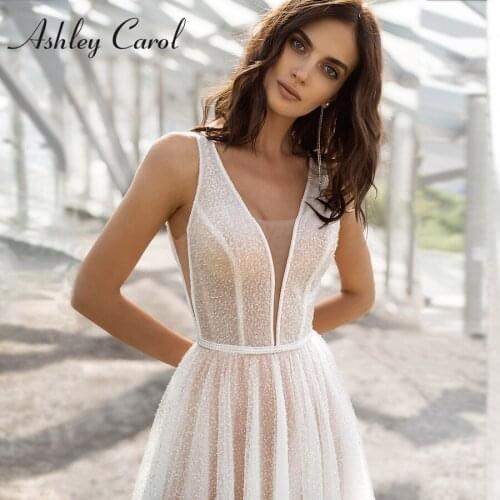 Ashley Carol A-Line Wedding Dress 2021 Sparkling Beaded Sequined Beach Bride Dresses Backless V Neckline Sleeveless Bridal Gown