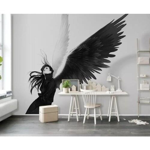 Fallen angel beautiful woman wings black and white Nordic living room background wall