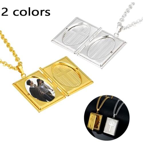 Christian Gift Women Photo Frame Link Chain Gold Silver Color Cross Bible Book Pendant Necklace