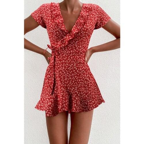 Kayotuas Women Dress Summer Floal A-Line Sweet Elegant Ruffles V-Neck Bandage Short Lady Chic Flowers Mini Hot Sundress