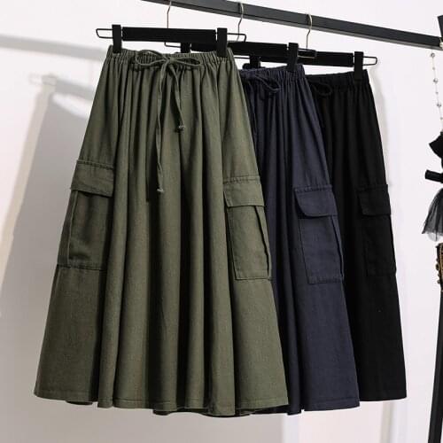 Limiguyue 100% Cotton Cargo Skirt Women Slim Pockets Drawstring Vintage High Waist Midi Skirt Harajuku Skirts Plus Size K888