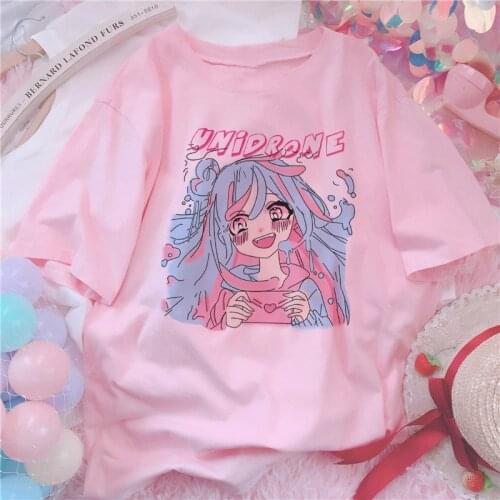 Sweet Girls Cute Cartoon Japanese Streetwear Harajuku Pink Fun Kawaii Casual Top Ulzzang vintage Loose Chic Summer Women T-shirt