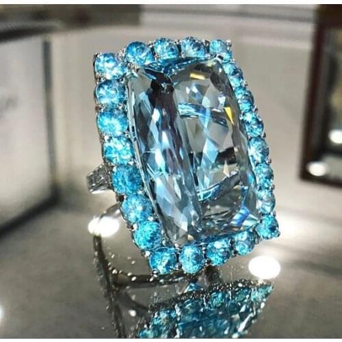 Fashion Luxury Big Rectangular Sky Blue Zircon Ladies Ring Wedding Ring Jewelry Cocktail Ball Ring Gift