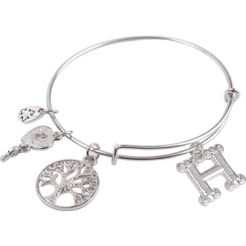 5PCS Fashion Silver Color Tone Initial H Letter charm Expandable Wire Bangle #91291