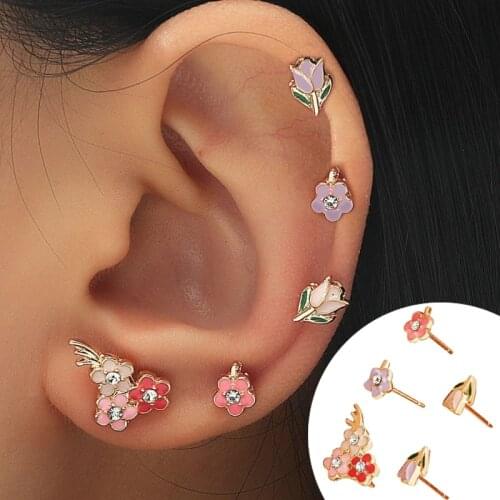 5Pcs Korean Enamel Flower Small Mini Earrings Set for Women 2021 New Fashion Enamel Statement Earrings Set Girl Jewelry