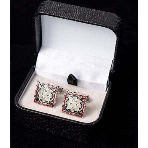New Luxury Jewelry Squre Cufflinks Red Grey Wavy Edge Enamel Flower Cuff Button For French Shirt Suits Business Men Wedding Gift