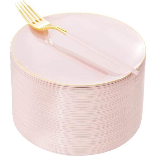 20-Piece Disposable Tableware Premium Pink Plastic Dessert Plate With Disposable Fork Suitable for Bridal Shower and Party