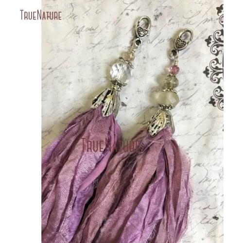Orchid Purple Sari Silk Tassel Pendant Bohemian Tassels Pendant Antique Silver Flower Bead Cap Czech Glass Beads PM14501