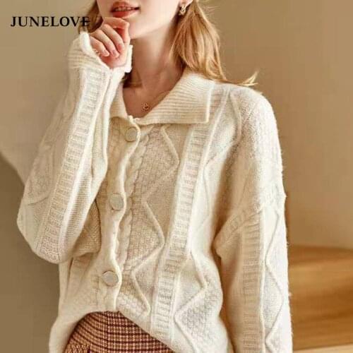 2021 Autumn Women Turn Down Collar Sweater Split Sleeve Design Loose Style Knitted Fashion Sweater Casual Women Cardigans Femme
