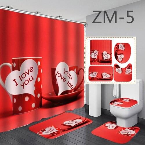 Red Love Heart Gift Shower Curtain With Non Slip Rug Mat Bathroom Curtains Waterproof Polyester Bathroom Curtain with Hooks