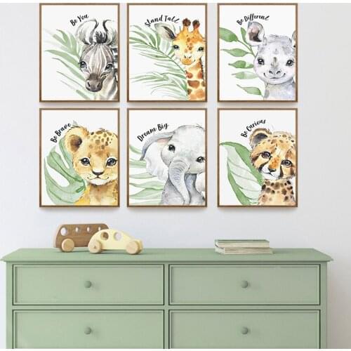 Lion Giraffe Tiger Zebra Leaf Nursery Posters Animal Wall Art Prints Canvas Painting Positve Quote Kids Baby Room Decoration