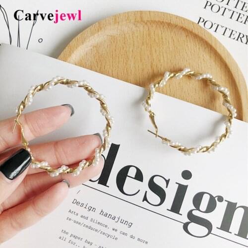 Carvejewl Fashion Hoop Earrings With simulated pearl big twisted Circle Gold Color Loop anti allergy Earrings For Women jewelry