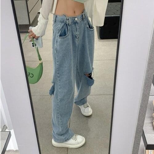Shnsophi Autumn Vintage Womens High Waisted Wide Leg Blue Jeans Mom Full Length Hole Denim Jean Boyfriend Femme Korean Clothes