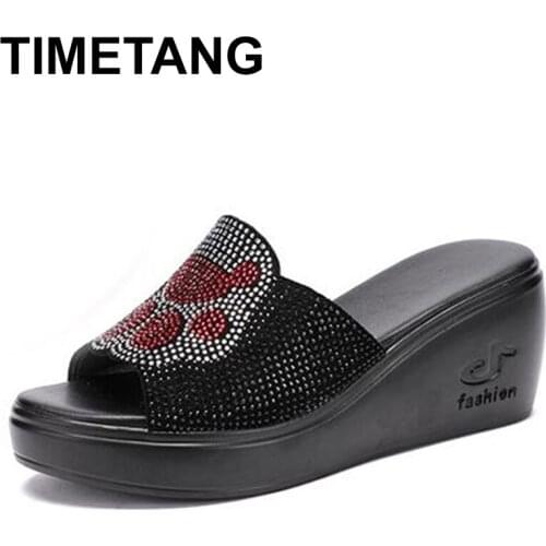 TIMETANGNew cowhide leather rhinestone summer shoes women comfortable wedge sandals women fashion slippers famous summer leather