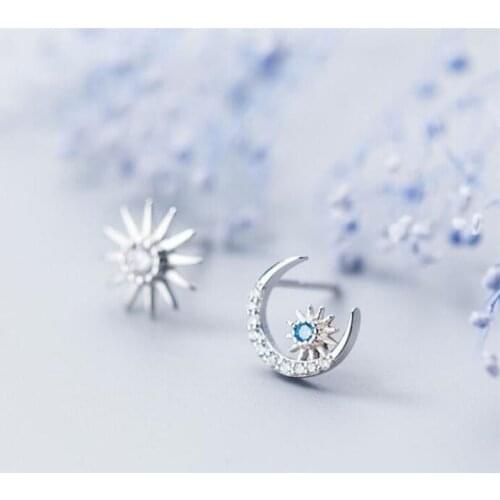 Season Gate 925 Sterling Silver Asymmetric Personality Shining Sun and Moon Fashion Earrings for Women Girls Jewelry Gift SE032
