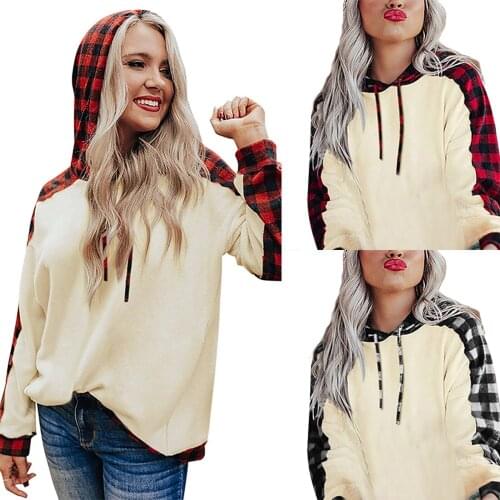 New 2 Pieces Suit Set Female Plaid Long Sleeve Hooded Pullover+ Long Pants for Spring Fall Black/Red S/M/L/XL