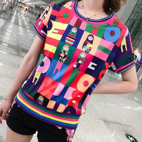Colorful Cartoon Print Sweatshirts For Women Spring Harajuku Style short sleeves Casual Pullover O Neck Sweatshirt Tops