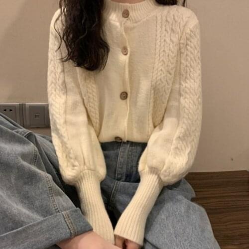 Lazy Thicken Twist Cardigan Jacket Womens 2021 Spring Autumn New Korean Fashion Loose Retro Puff Sleeve Knitting Sweater Coat