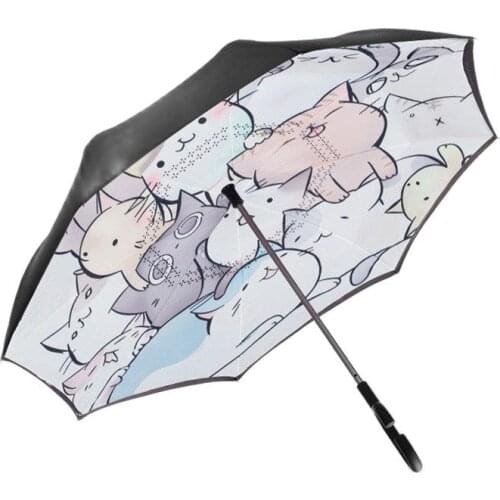 Cartoon Reverse Umbrella Rain Women Long Handle Sun Inverted Umbrella Cute Cats Windproof 8K Double Layer Parasol Ombrello SY057