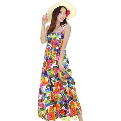 2021 New Bohemia Square collar Floral Print Cotton Long Swing Dress Woman sleeveless Spaghetti strap Holiday Sexy Dresses