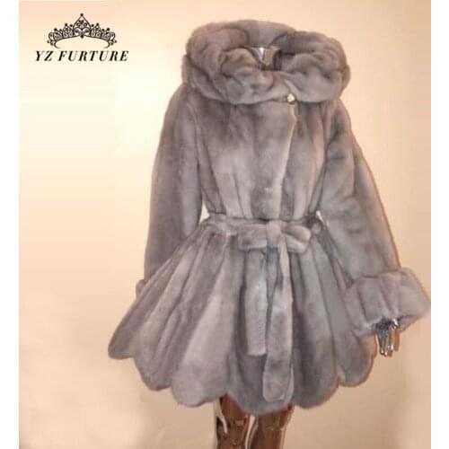 2021 Winter Real Mink Fur With Hat Coat For Woman Lady Long Sleeve And Belted Fashion Essential Outerwear Thick Warm Overdress