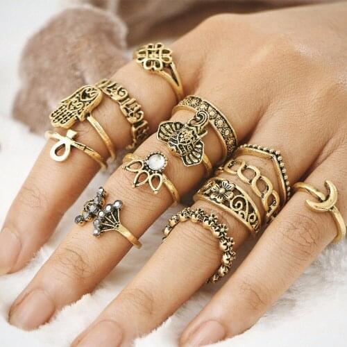 13pcs/Set Retro Vintage Punk Antique Flower Carved Midi Finger Rings For Women Bohemian Hand Knuckle Ring Set Jewelry Anillos