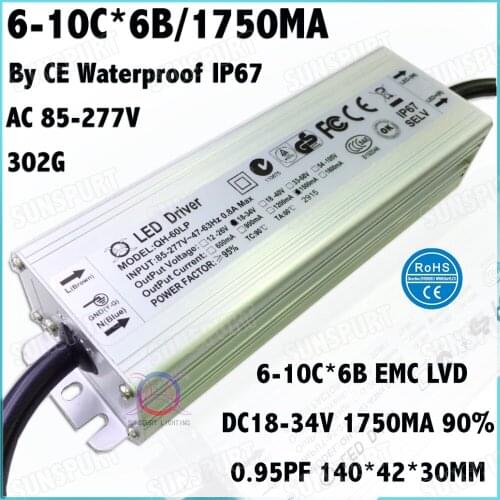 2Pcs By CE Waterproof IP67 PFC 60W AC85-277V LED Driver 6-10Cx6B 1.8A DC18-34V Constant Current For LED Spotlights Free Shipping