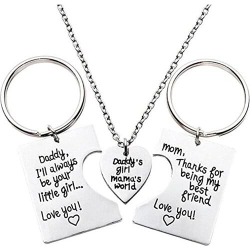 3pcs/Set Daddy Girl Mama World Letters Pendant Love Necklace Titanium Steel Mother Father Kids Simple Key Rings Jewelry Gifts