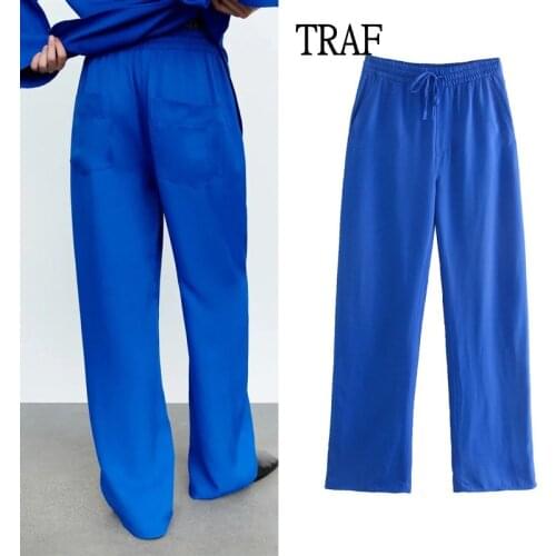 TRAF Za Women Pants 2021 Autumn Loose Wide Leg Pant Women Clothing High Waist Blue Trouser Suits Chic Pocket Streetwear Women