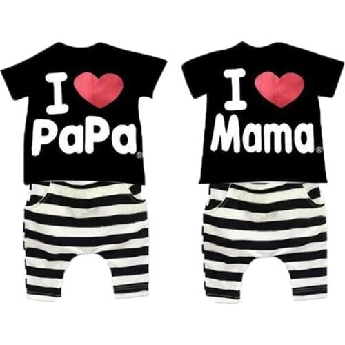 Children Kids Summer Suit Clothes Set Infant Baby Boys Girls I Love Papa Mama T Shirt Striped Halen Pants Clothing Sets For 1-5Y