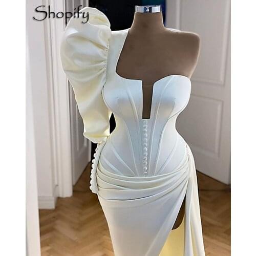 Elegant Single Long Sleeve High Slit One Shoulder White Twill Satin Dubai Women Formal Evening Dress 2021