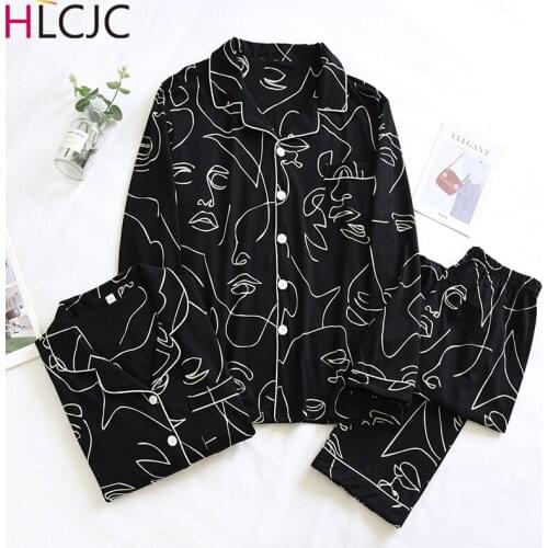 Lovers Knitted Cotton Pajamas Suit Couples Long Sleeve Trousers For Men and Women Impression Painting Home Wear Pyjamas Femme