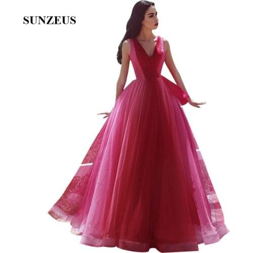 Colorful Tulle Long Evening Dresses A-line V-neck Tank Elegant Formal Women Dress Arabic Design Party robe soiree femme