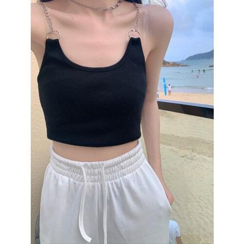 Sexy Women Camis Crop Top Ladies Pure Color Hugcitar Chains Casual Strap Sleeveless Tank Top Summer Camis Women Cropped Feminino