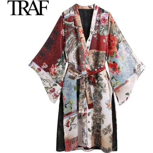 Traf Za Women Clothing 2021 Sping Autumn Belted Tunic Jacket Fashion Vintage Printed Kimono Loose Chic Lady Coats