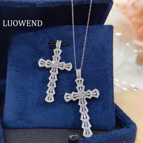 LUOWEND 100% Real 18K White Gold Pendant Necklace 1.0ct Natural Diamond Necklace Christian Birthday Gift Luxury Cross Pendant