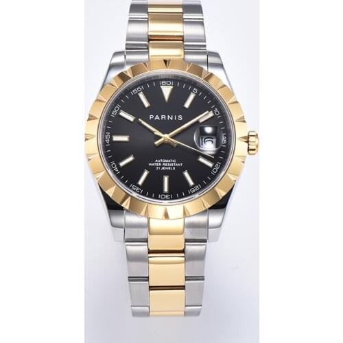 New Parnis Automatic Mechanical Mens Watch Stainless Steel Bracelet Gold Bezel Sapphire Crystal Date Mens Watches 2020 Box gift