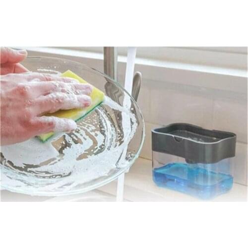 New creative kitchen 2 in 1 manual push type soap dispenser with washing sponge, pusher kitchen soap dispenser