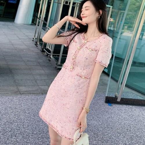 Dress Womens Pink Tweed Elegant Holiday Autumn / Winter Dress One-Piece Ladies Dress
