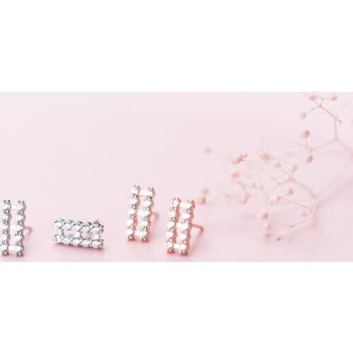 Authentic Real 100% 925 Sterling Silver Fine Jewelry Double Straight Lucky Bar Geometric zirconia set stud Earrings gtle2269