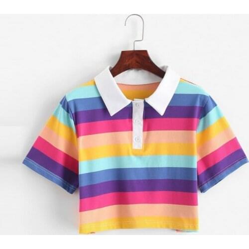 QRWR T Shirts Women 2021 Korean Fashion Rainbow Striped Short Casual Womens Top Cute Lapel Short Sleeve Summer T Shirt For Girl