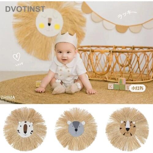 Dvotinst Baby Photography Props Hand-woven Straw Lion Tiger Nordic Cute Wall Background Decoration Studio Shooting Photo Props