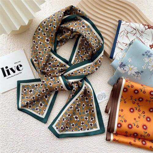 Luxuary Satin Koreaon Scarfs Narrow Long Floral Print Collar Scarf Hair Band For Women Elegant Scarves Femme Head Neck Scarf