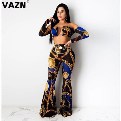 VAZN Autumn Print Slash Neck Casual Bandage Sexy 2020 Set full sleeve 2 Piece Sets Night Club Young Lady Elegant Sets