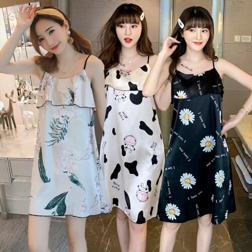 2021 Summer Sexy Lingerie Spaghetti Strap Silk Satin Nightgowns for Women Fashion Print Nightdress Sleepwear Night Dress Nighty