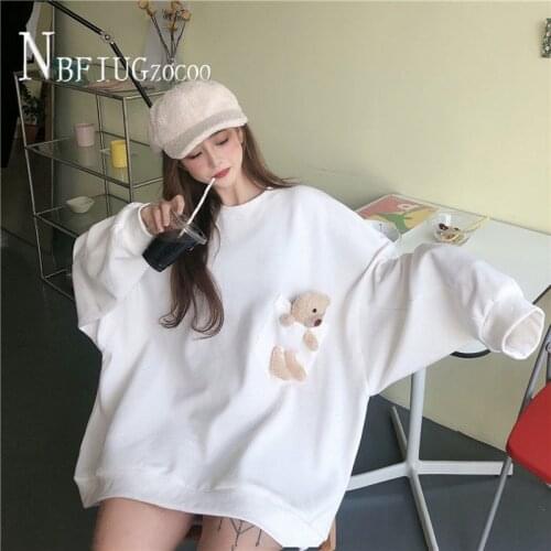 Kawaii Pocket Bear Decor Women Sweatshirts 3 Colors Can Choose Female Sweatshirt