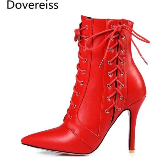 Dovereiss Fashion Womens Shoes Winter new Sexy Lace up white Elegant Zipper Pointed toe Short boots Concise Mature 34-47