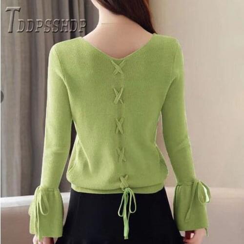 2019 New Autumn Winter Bandage Women Sweater Knitting Flare Sleeve Female Sweaters