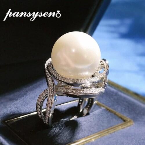 PANSYSEN Elegant 100% 925 Sterling Silver Round Big Pearl Rings for Girls Wedding Engagement Fine Jewelry Wholesale Women Ring